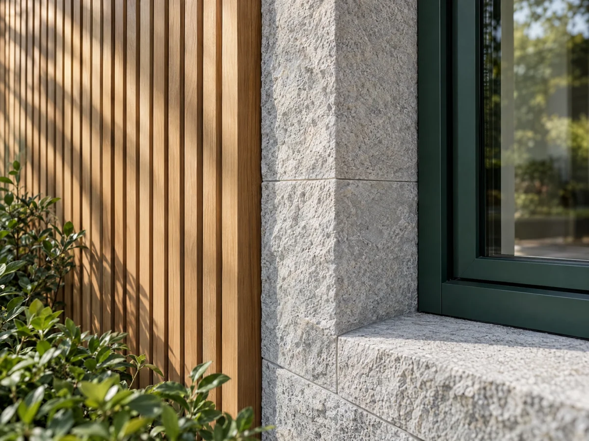Illustrative architectural detail showing natural cedar, pale stone and a green window frame